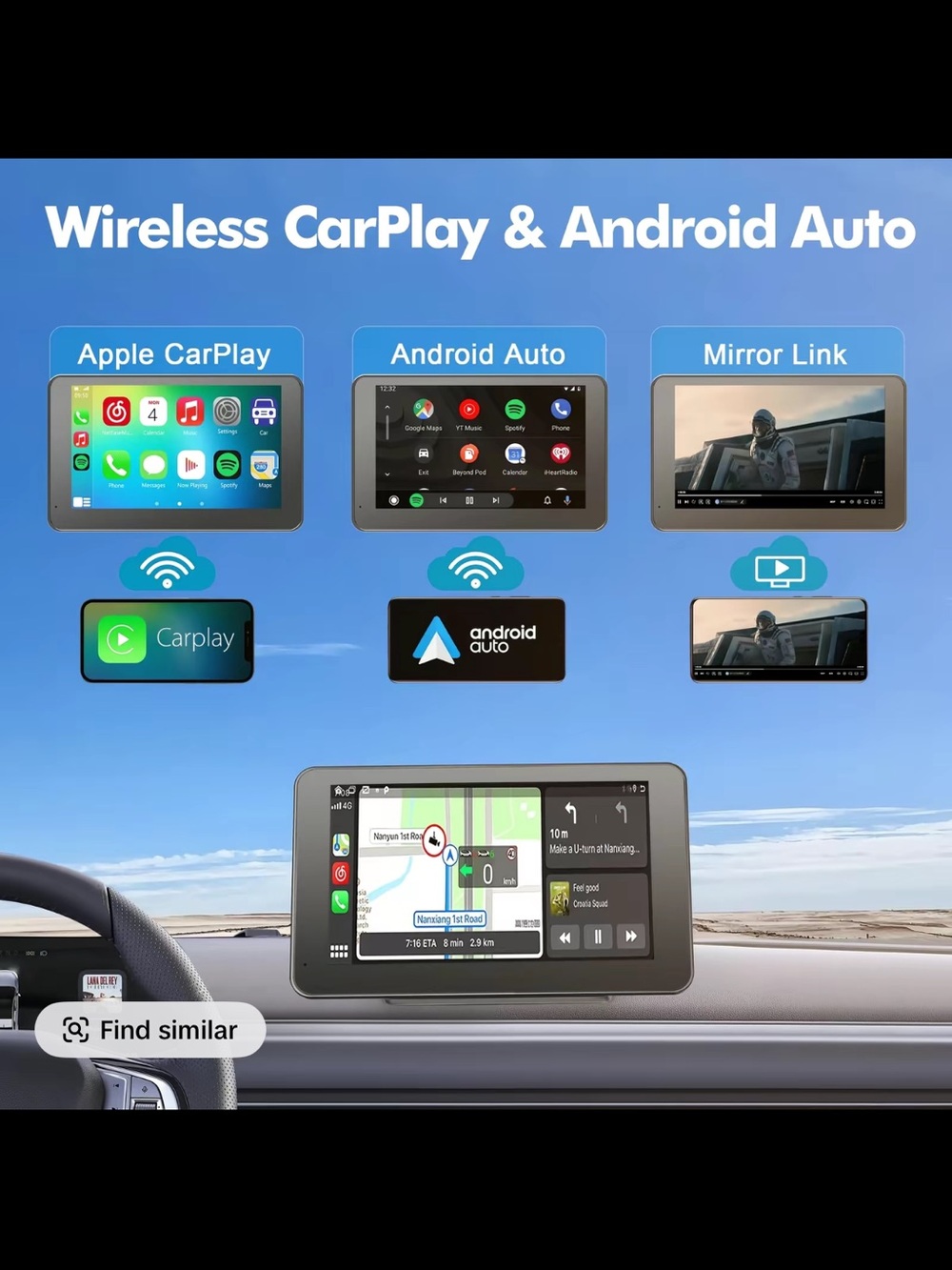 7” Portable Apple CarPlay Android Auto Touchscreen Monitor Bluetooth GPS AUX - Picture 5 of 11